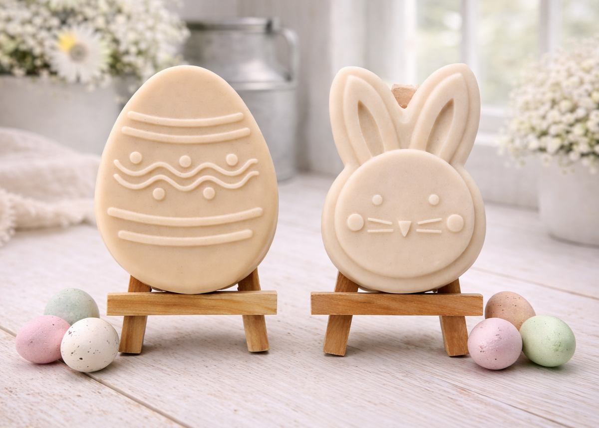 handmade vegan soap gift set featuring a cute bunny face and a decorated Easter egg with wave patterns, displayed on wooden easels against a rustic white farmhouse decor background with spring flowers.