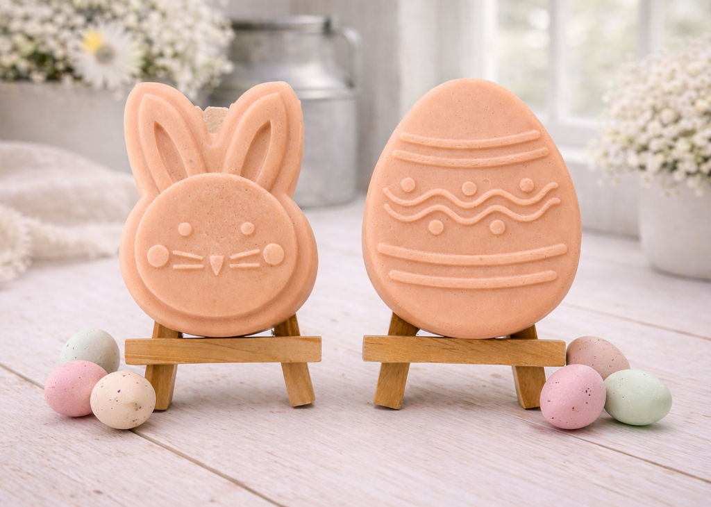 handmade vegan soap gift set featuring a cute bunny face and a decorated Easter egg with wave patterns, displayed on wooden easels against a rustic white farmhouse decor background with spring flowers.