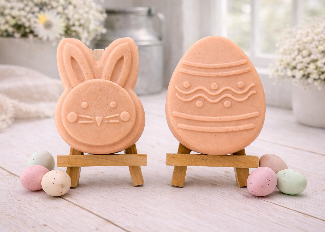 handmade vegan soap gift set featuring a cute bunny face and a decorated Easter egg with wave patterns, displayed on wooden easels against a rustic white farmhouse decor background with spring flowers.