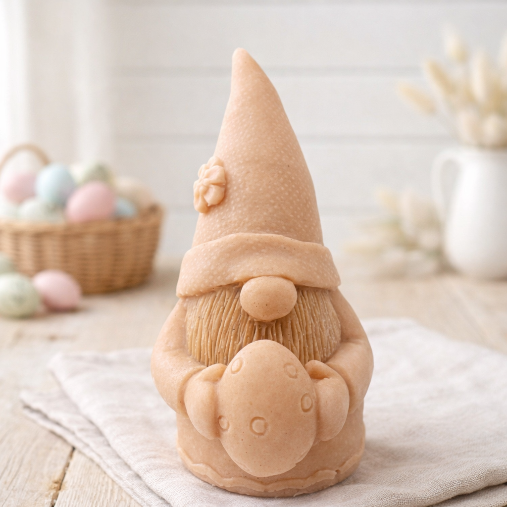 handmade vegan soap in the shape of a sitting gnome holding a decorated Easter egg, featuring a tall pointed hat with a flower detail and a textured beard, displayed on a neutral cloth in a bright spring setting.
