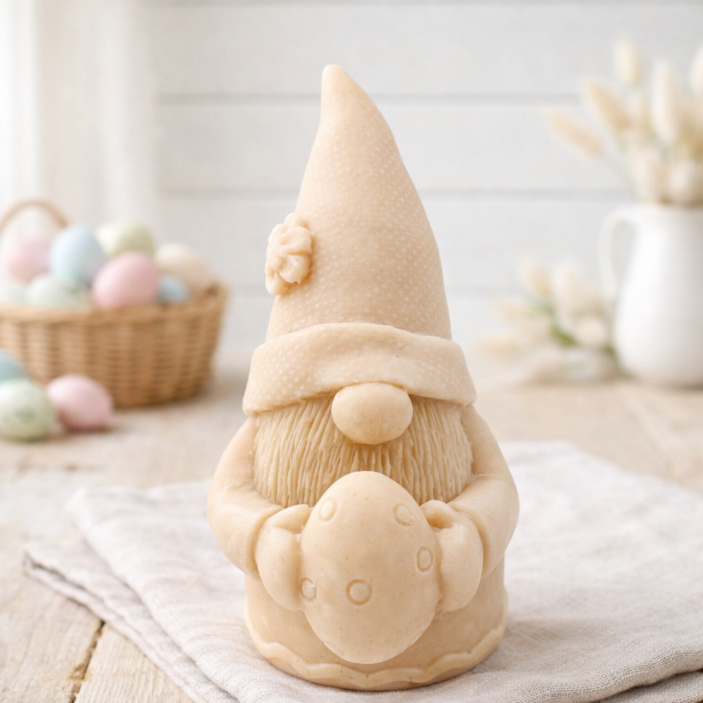 handmade vegan soap in the shape of a sitting gnome holding a decorated Easter egg, featuring a tall pointed hat with a flower detail and a textured beard, displayed on a neutral cloth in a bright spring setting.