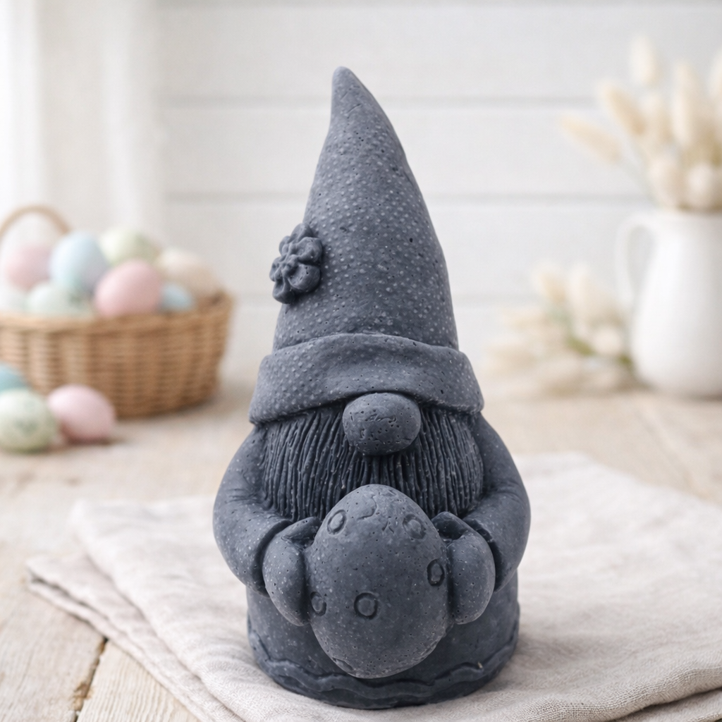 handmade vegan soap in the shape of a sitting gnome holding a decorated Easter egg, featuring a tall pointed hat with a flower detail and a textured beard, displayed on a neutral cloth in a bright spring setting.
