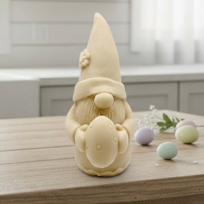Handmade vegan soaps featuring a gorgeous gnome holding his easter egg packaged in beautiful eco friendly packaging.