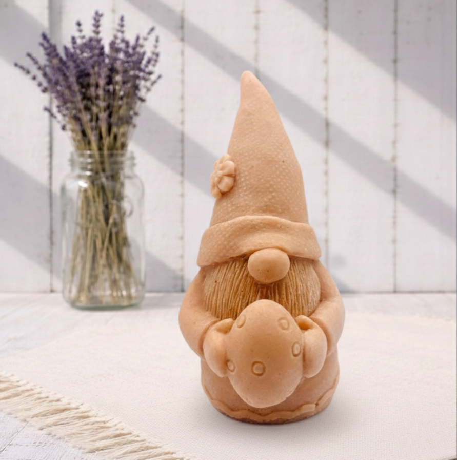Handmade vegan soaps featuring a gorgeous gnome holding his easter egg packaged in beautiful eco friendly packaging.