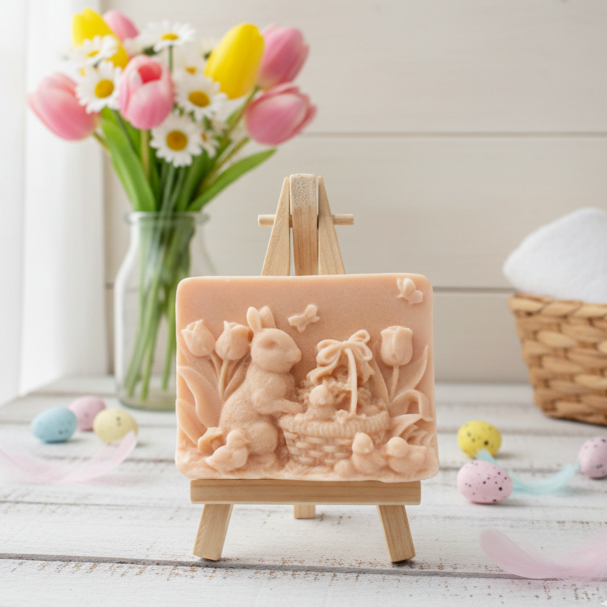 handmade vegan soap featuring a highly detailed 3D relief of a rabbit in a garden with tulips and an Easter basket, displayed on a wooden easel in a rustic farmhouse decor setting.