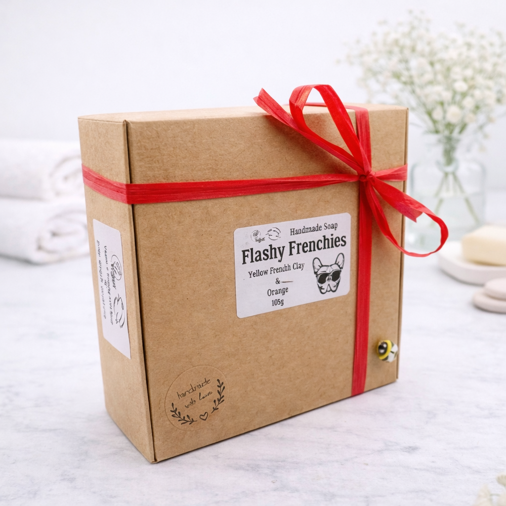 Brown gift box with red ribbon and 'Flashy Frenchies' label on a light background