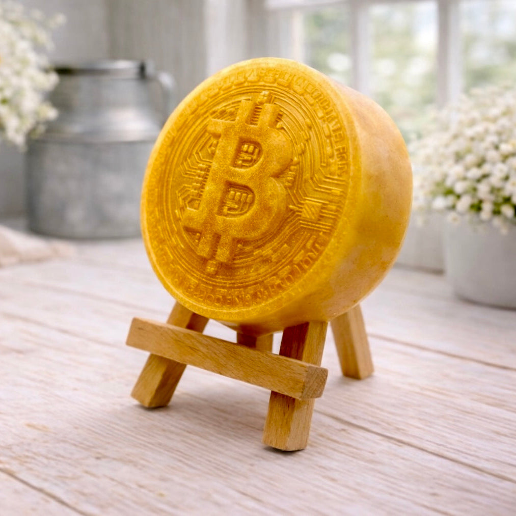 handmade vegan soap in the shape of a Bitcoin coin with a shimmering golden finish, featuring a detailed relief of the "B" symbol and circuit board patterns, displayed on a small wooden easel in a bright farmhouse decor setting.