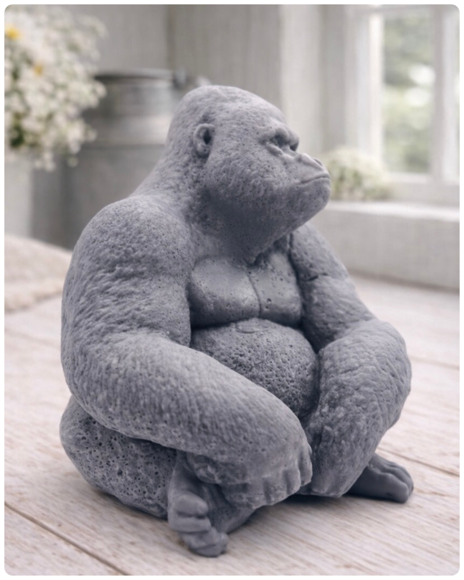 A highly detailed handmade vegan soap in a natural stone-grey colour, sculpted in the shape of a sitting gorilla with realistic fur and muscle textures, displayed on a light wooden surface.