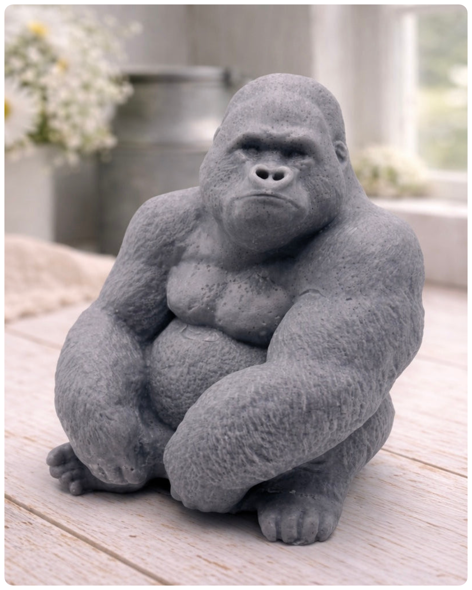 Gray large gorilla soap statue on a wooden surface with a blurred background