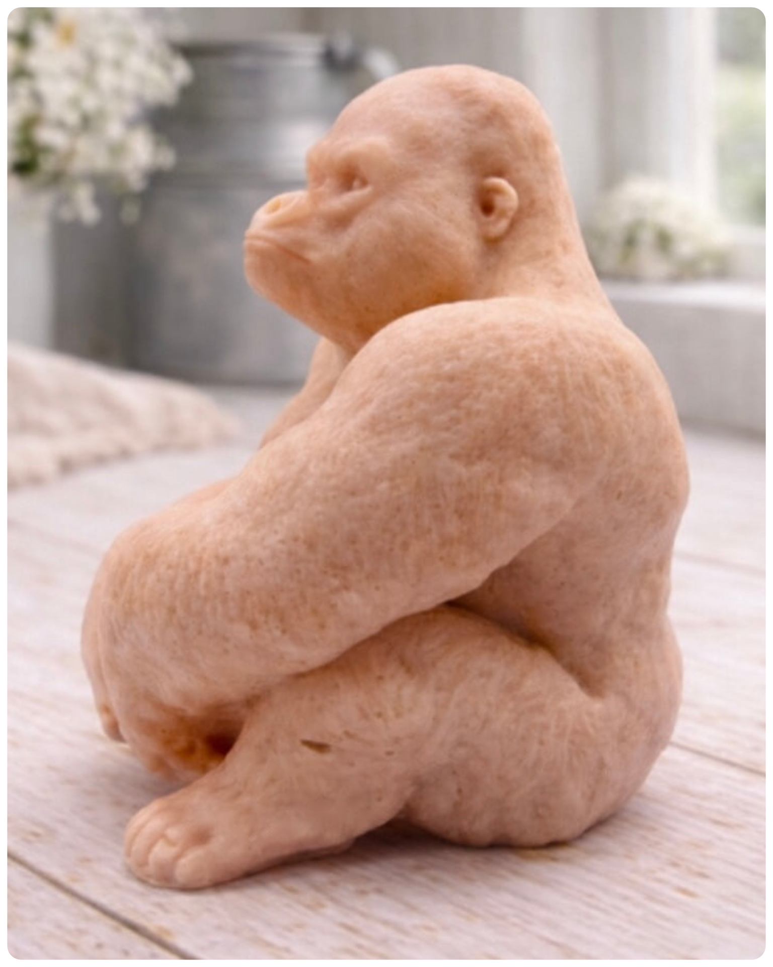 A large highly detailed handmade vegan soap in the shape of a sitting gorilla with realistic fur and muscle textures, displayed on a light wooden surface.