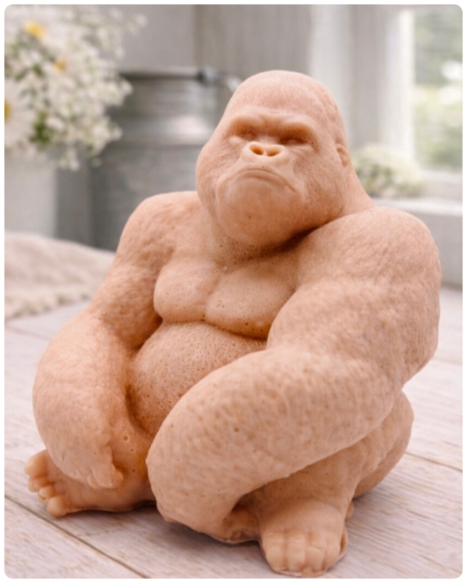 A large highly detailed handmade vegan soap in the shape of a sitting gorilla with realistic fur and muscle textures, displayed on a light wooden surface.