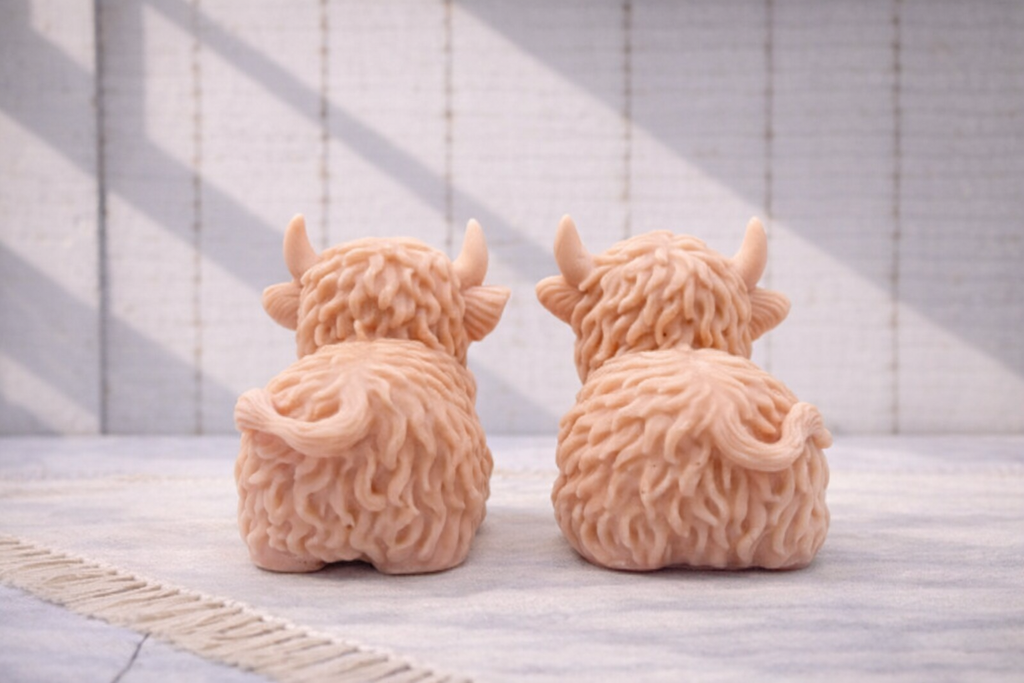 A pair of highly detailed handmade vegan Highland cow soaps by Soap Simple Creations. Set of two cow soaps gift boxed in ea eco friendly packaging. 