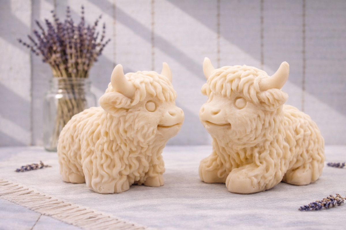 A pair of highly detailed handmade vegan Highland cow soaps by Soap Simple Creations. Set of two cow soaps gift boxed in ea eco friendly packaging. 
