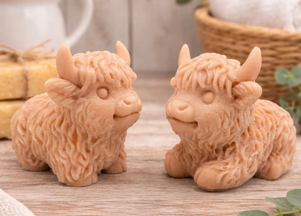 A pair of highly detailed handmade vegan Highland cow soaps by Soap Simple Creations. Set of two cow soaps gift boxed in ea eco friendly packaging. 