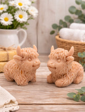 Load image into Gallery viewer, A pair of highly detailed handmade vegan Highland cow soaps by Soap Simple Creations. Set of two cow soaps gift boxed in ea eco friendly packaging. 
