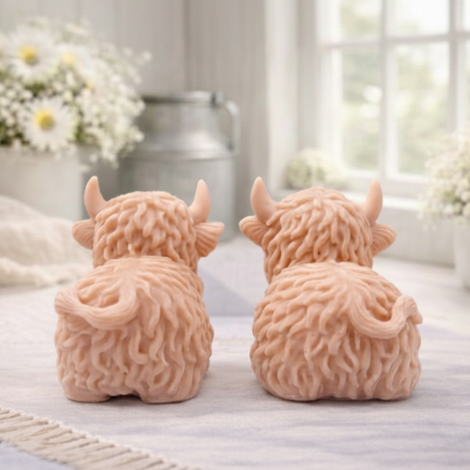A highly detailed handmade vegan soap sculpted in the shape of a highland cow with long, flowing fur texture, a sweet face with a large snout, and prominent horns, displayed on a light wooden surface in a bright farmhouse setting.