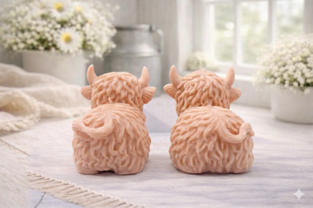 A highly detailed handmade vegan soap sculpted in the shape of a highland cow with long, flowing fur texture, a sweet face with a large snout, and prominent horns, displayed on a light wooden surface in a bright farmhouse setting.