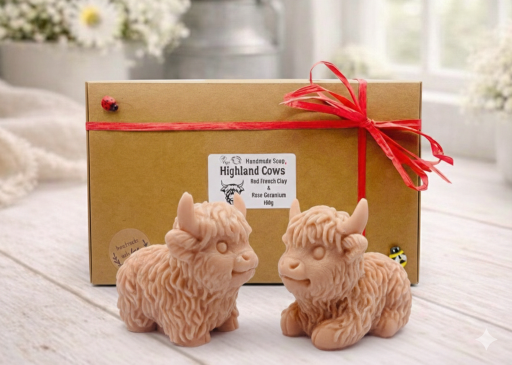 A highly detailed handmade vegan soap sculpted in the shape of a highland cow with long, flowing fur texture, a sweet face with a large snout, and prominent horns, displayed on a light wooden surface in a bright farmhouse setting.