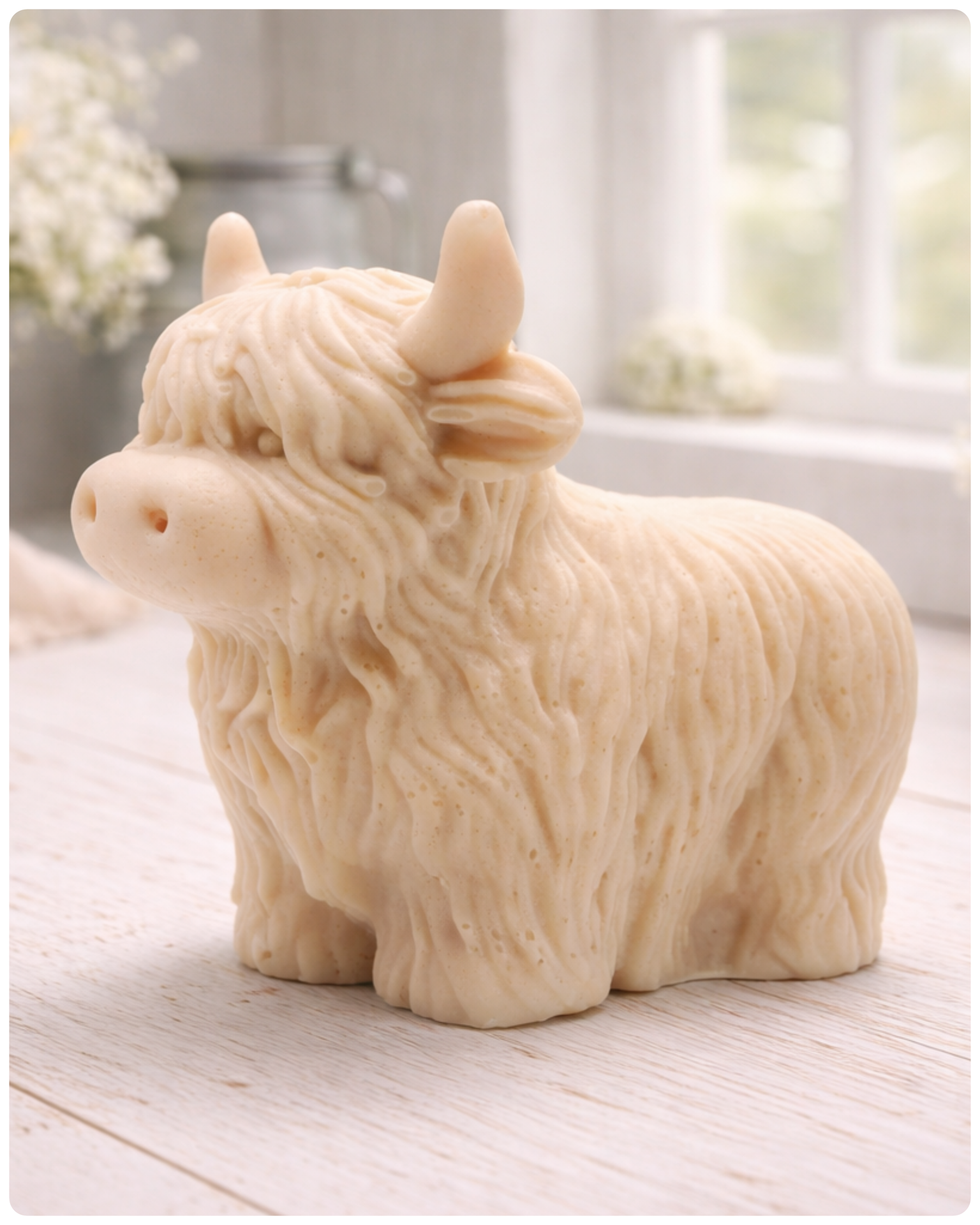 A detailed handmade vegan soap in a sculpted in the shape of a highland cow with characteristic long, wavy fur, horns, and a friendly face, displayed on a light wooden surface