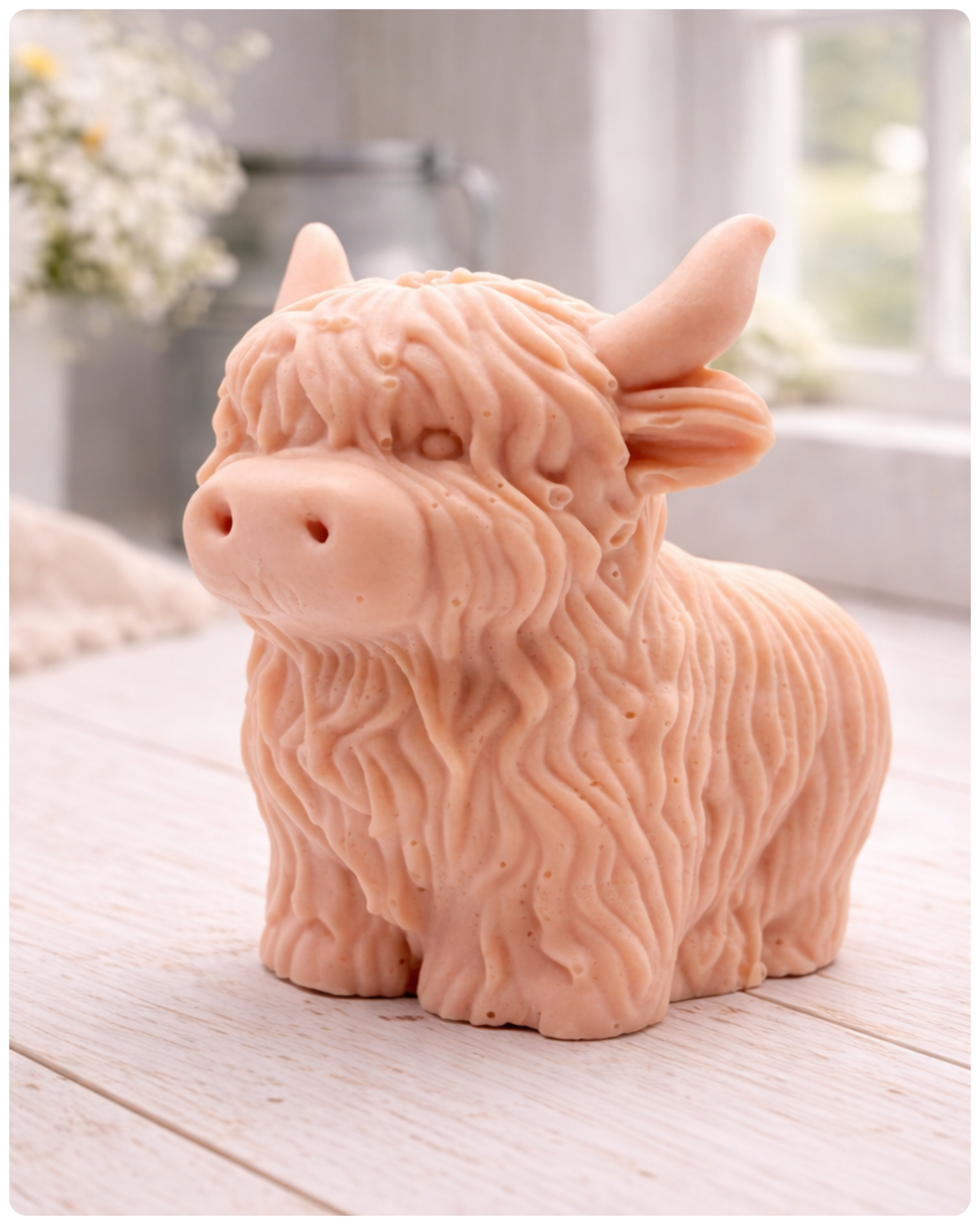A detailed handmade vegan soap in a sculpted in the shape of a highland cow with characteristic long, wavy fur, horns, and a friendly face, displayed on a light wooden surface