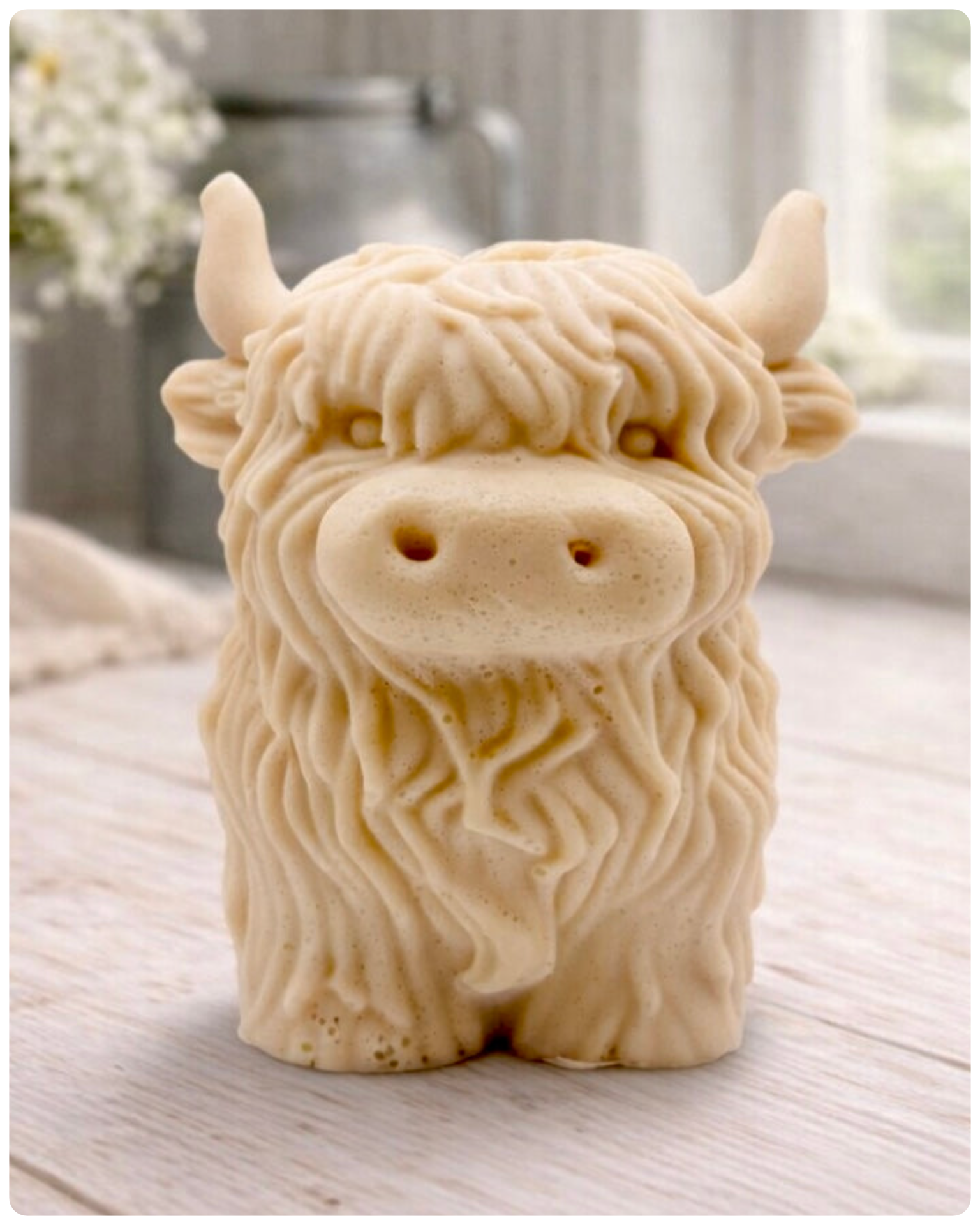 A detailed handmade vegan soap in a sculpted in the shape of a highland cow with characteristic long, wavy fur, horns, and a friendly face, displayed on a light wooden surface