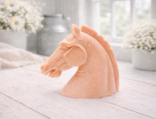 Load image into Gallery viewer, Vegan soap horse head sculpture gift on a farmhouse decor light wooden surface with a blurred floral background
