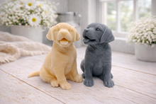 Load image into Gallery viewer, handmade vegan soap in the shape of a happy sitting Labrador retriever puppy sculpture with its tongue out, displayed in a bright farmhouse decor setting.
