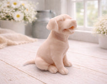 Load image into Gallery viewer, handmade vegan soap in the shape of a happy sitting Labrador retriever puppy sculpture with its tongue out, displayed in a bright farmhouse decor setting.
