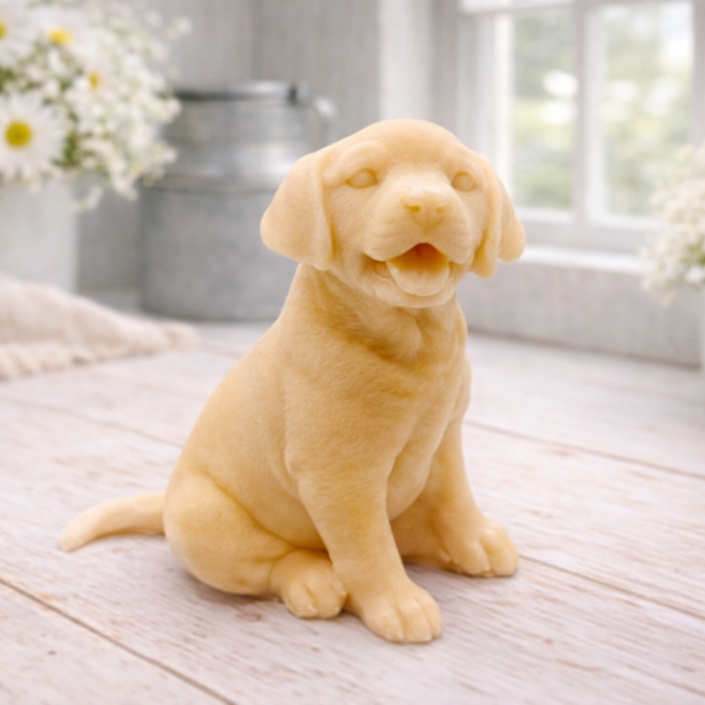 handmade vegan soap in the shape of a happy sitting Labrador retriever puppy sculpture with its tongue out, displayed in a bright farmhouse decor setting.
