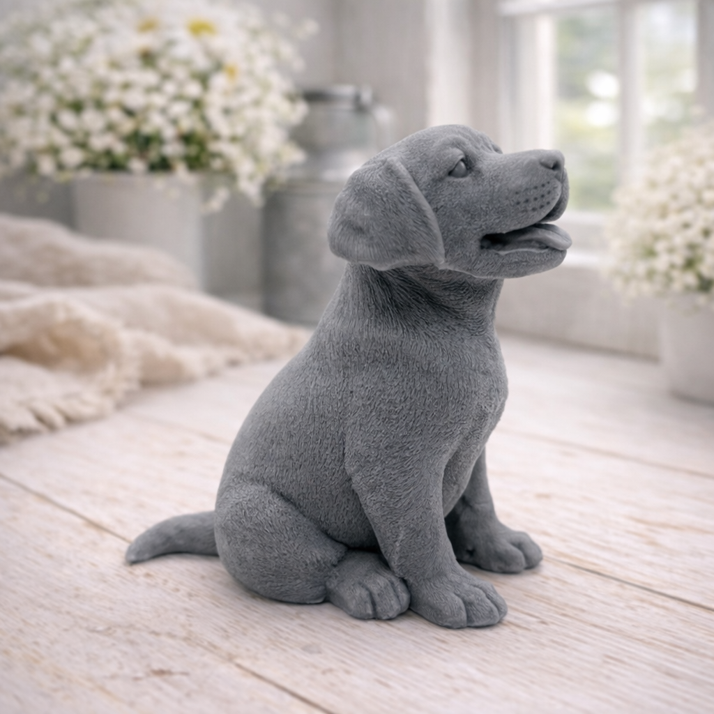 handmade vegan soap in the shape of a happy sitting Labrador retriever puppy sculpture with its tongue out, displayed in a bright farmhouse decor setting.