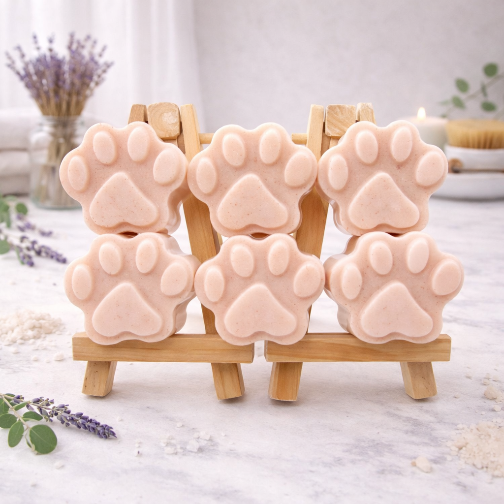 Six handmade vegan soaps in the shape of animal paw prints, displayed on two wooden easels in a spa-like setting with lavender and bath salts. Gift boxed. 