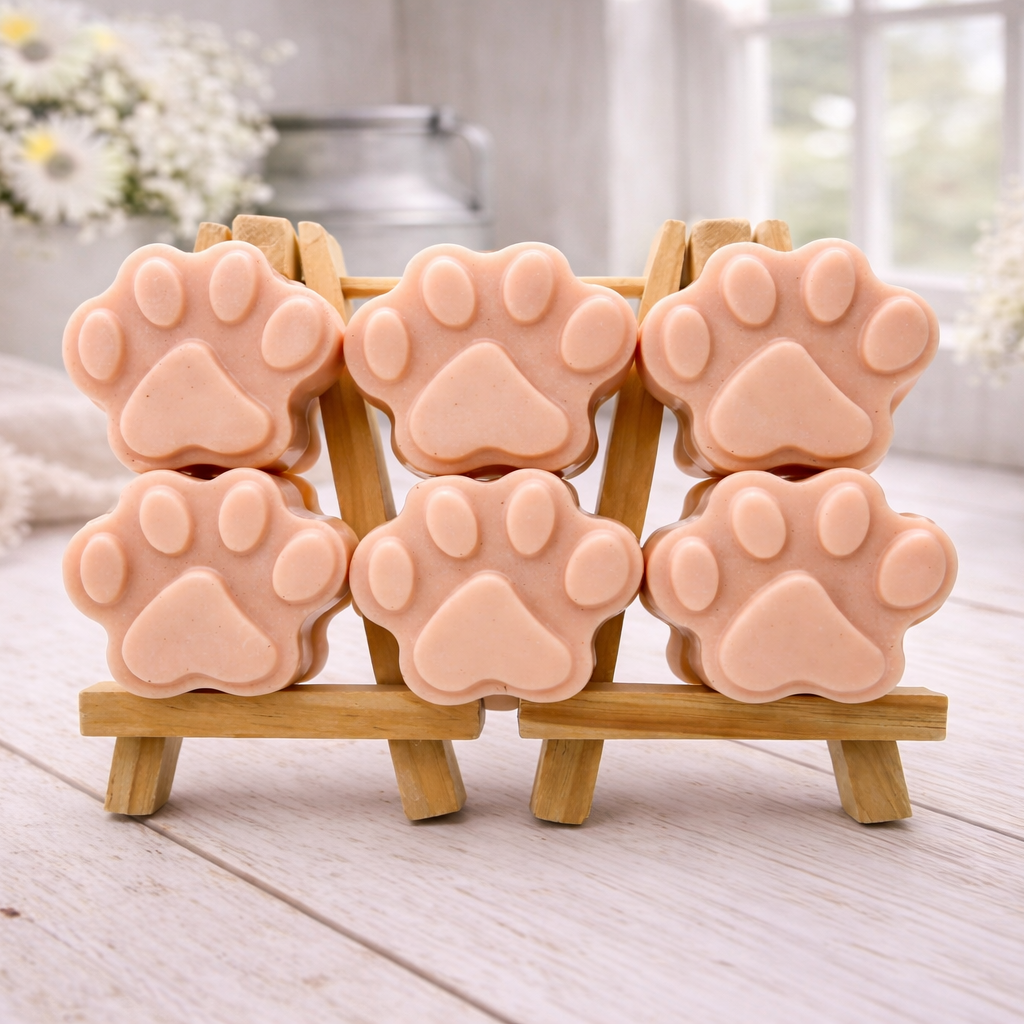Set of pink paw-shaped vegan hand soaps on a wooden stand with a blurred indoor background.