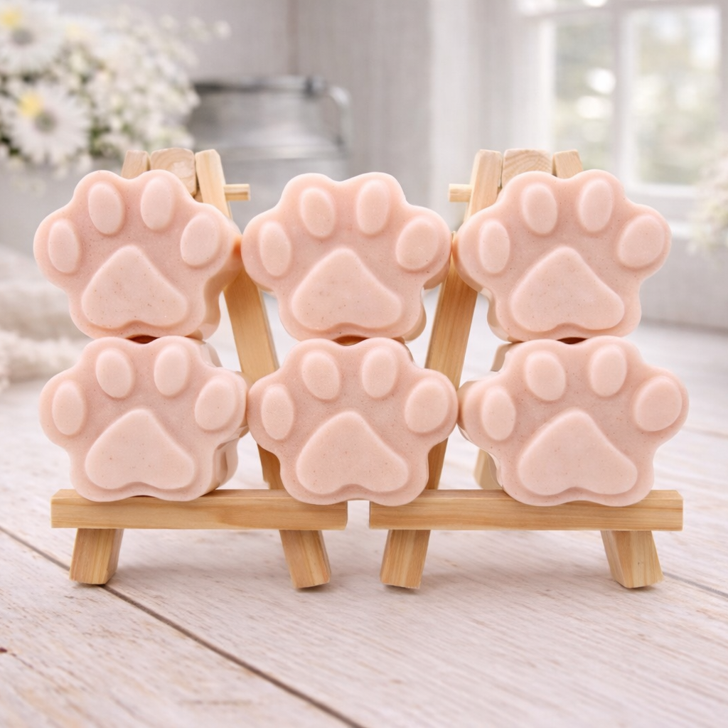 Pink paw-shaped vegan soap gift set on wooden stands with a blurred indoor background