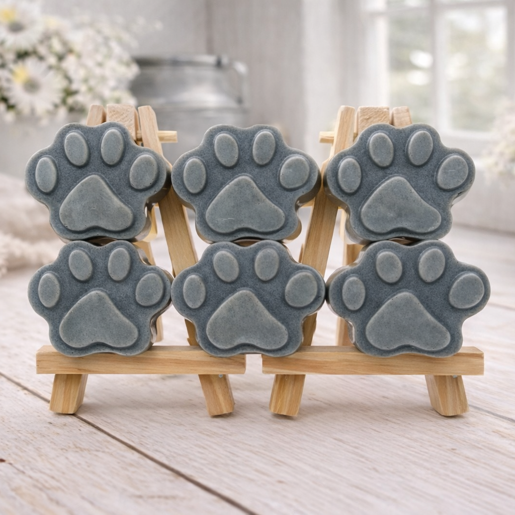 Gray paw-shaped vegan soap gift set on wooden stands with a light background