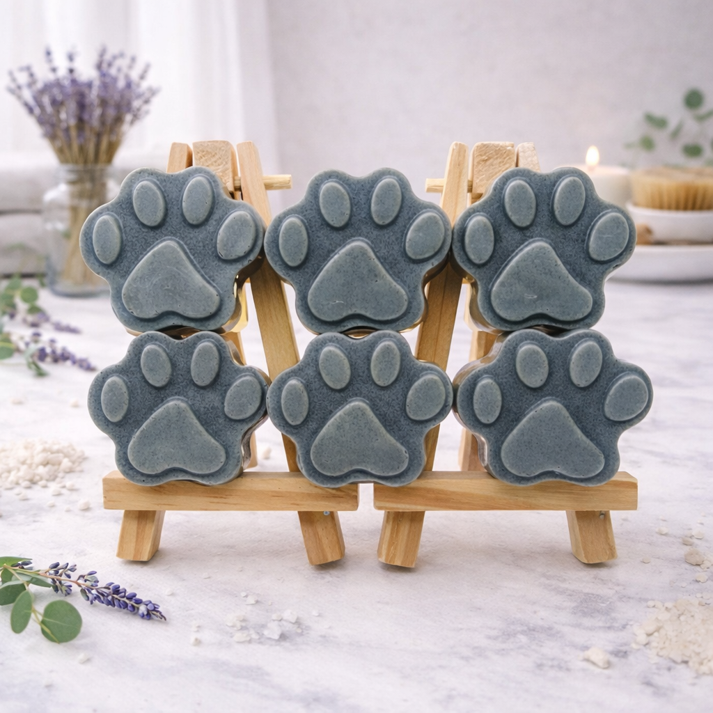 Six handmade vegan soaps in the shape of animal paw prints, displayed on two wooden easels in a spa-like setting with lavender and bath salts. Gift boxed. 