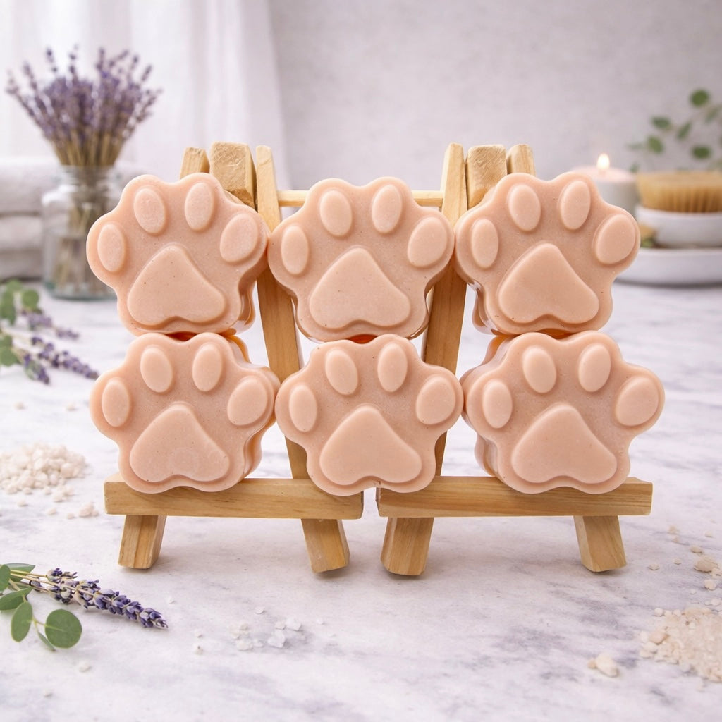 Six handmade vegan soaps in the shape of animal paw prints, displayed on two wooden easels in a spa-like setting with lavender and bath salts. Gift boxed. 