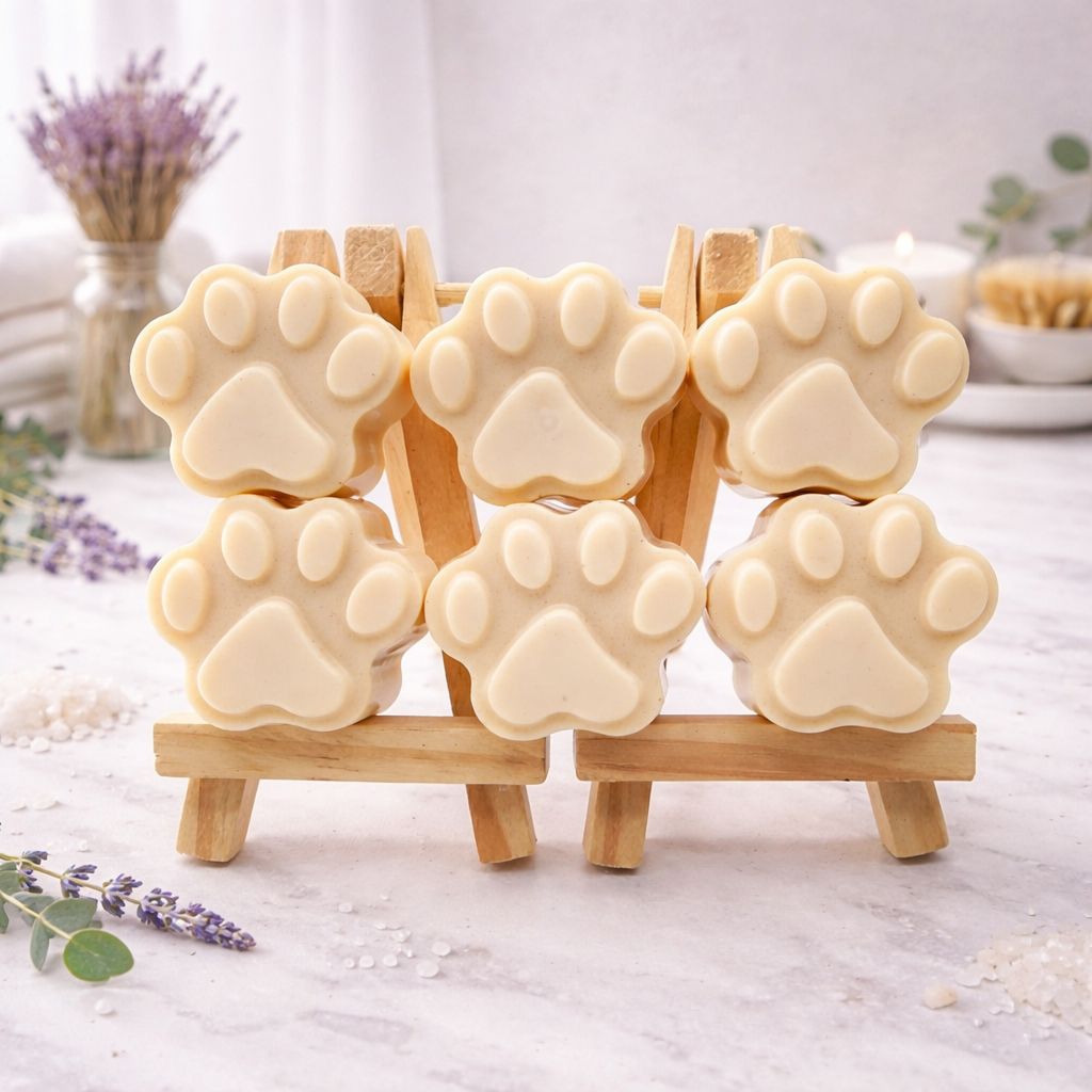 Six handmade vegan soaps in the shape of animal paw prints, displayed on two wooden easels in a spa-like setting with lavender and bath salts. Gift boxed. 