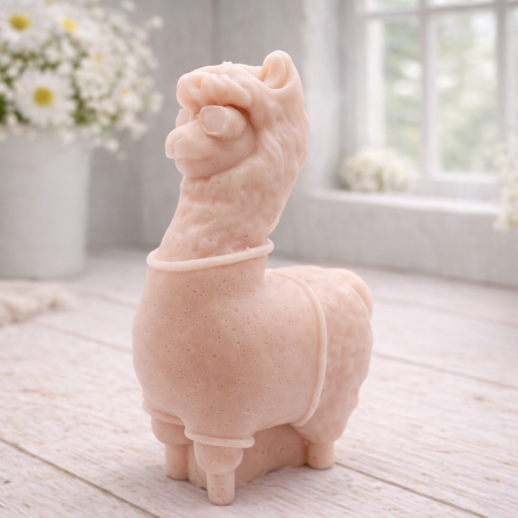 handmade vegan soap in the shape of a realistic standing alpaca or llama sculpture, featuring a smooth body with detailed fur texture on the head and neck, displayed in a bright farmhouse decor setting.