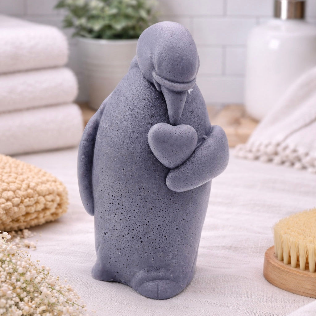 handmade vegan soap in the shape of a realistic penguin sculpture holding a small heart to its chest,