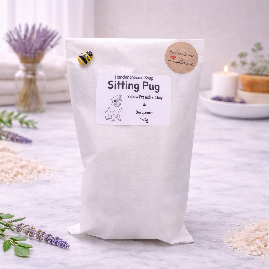 White bag of handmade soap labeled 'Sitting Pug' on a light background with lavender and candles.