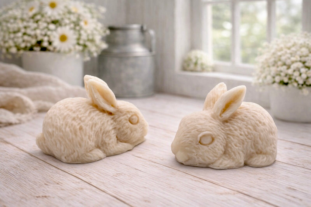 handmade vegan soaps in the shape of realistic crouching rabbits with detailed fur texture, displayed on a rustic white wooden surface in a bright farmhouse decor setting.