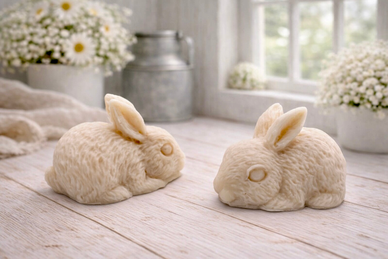 handmade vegan soaps in the shape of realistic crouching rabbits with detailed fur texture, displayed on a rustic white wooden surface in a bright farmhouse decor setting.