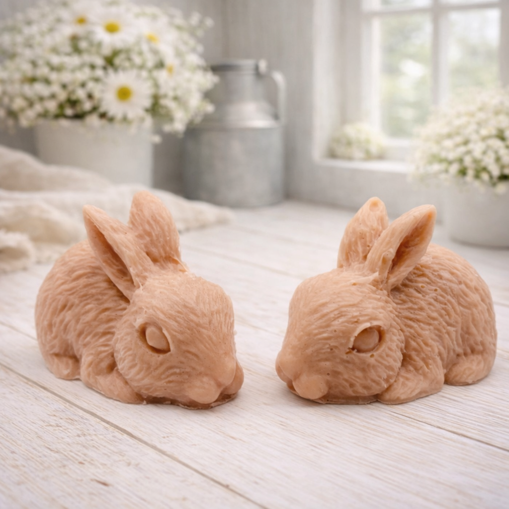 Set of two handmade vegan soaps in the shape of realistic crouching rabbits with detailed fur texture, displayed on a rustic white wooden surface in a bright farmhouse decor setting. Gift boxed. 
