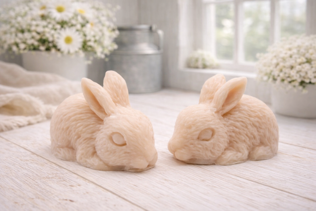Set of two handmade vegan soaps in the shape of realistic crouching rabbits with detailed fur texture, displayed on a rustic white wooden surface in a bright farmhouse decor setting. Gift boxed. 