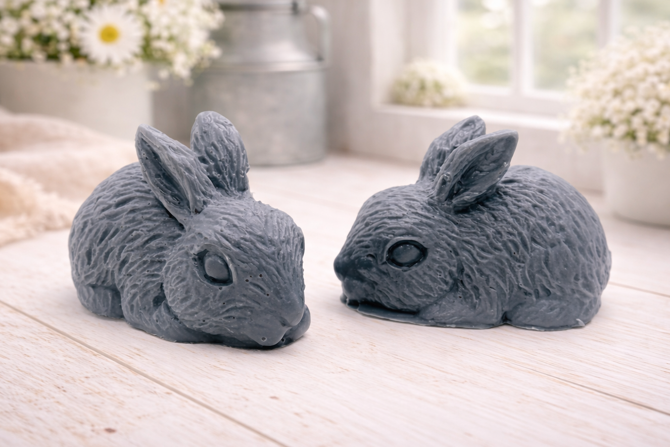 Set of two handmade vegan soaps in the shape of realistic crouching rabbits with detailed fur texture, displayed on a rustic white wooden surface in a bright farmhouse decor setting. Gift boxed. 