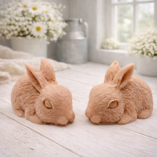 Load image into Gallery viewer, Set of two handmade vegan soaps in the shape of realistic crouching rabbits with detailed fur texture, displayed on a rustic white wooden surface in a bright farmhouse decor setting. Gift boxed. 
