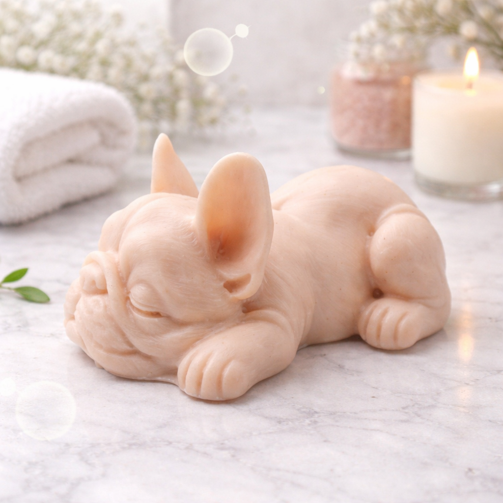 Handmade vegan soap in the shape of a realistic sleeping French Bulldog lying down, showing detailed ear texture and facial wrinkles, surrounded by bubbles in a marble bathroom setting.