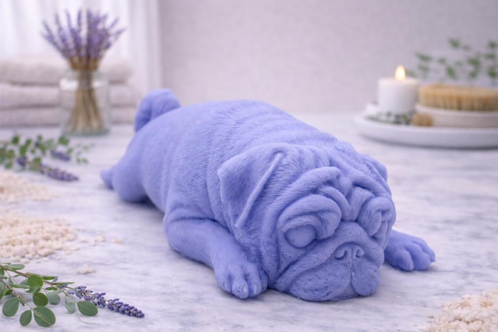 handmade vegan soap in the shape of a realistic sleeping pug dog lying flat, showing detailed wrinkles and fur texture, displayed in a spa-like setting with a candle and lavender.