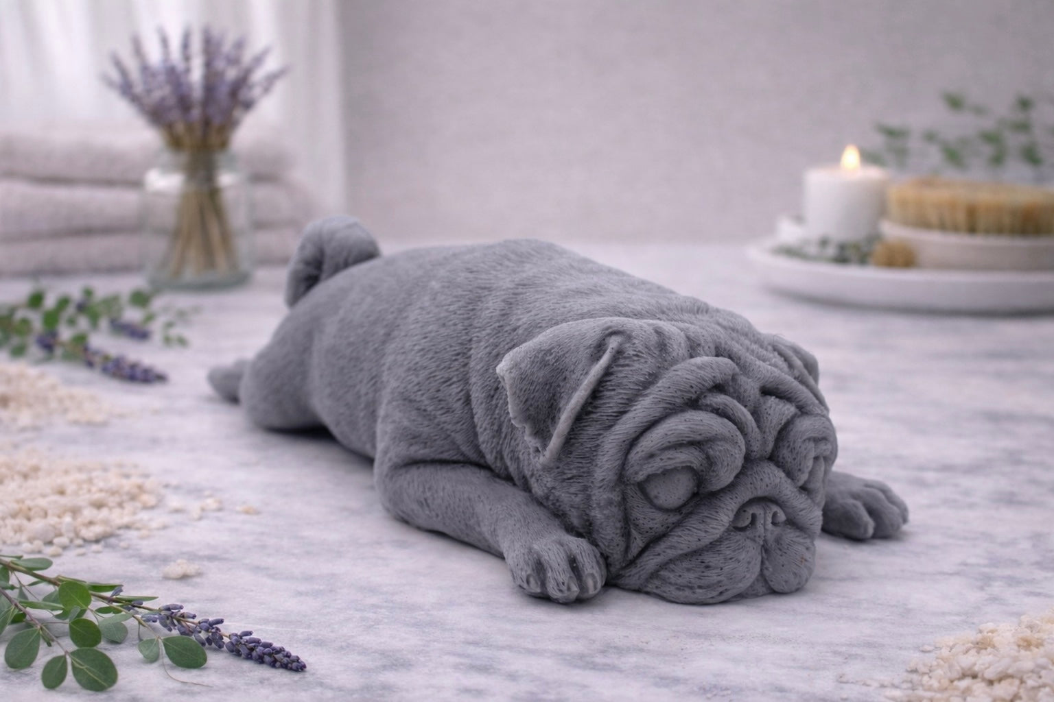 handmade vegan soap in the shape of a realistic sleeping pug dog lying flat, showing detailed wrinkles and fur texture, displayed in a spa-like setting with a candle and lavender.