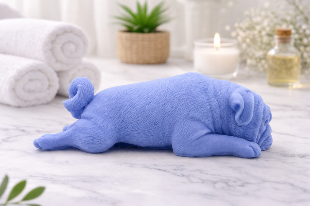 handmade vegan soap in the shape of a realistic sleeping pug dog lying flat, showing detailed wrinkles and fur texture, displayed in a spa-like setting with a candle and lavender.